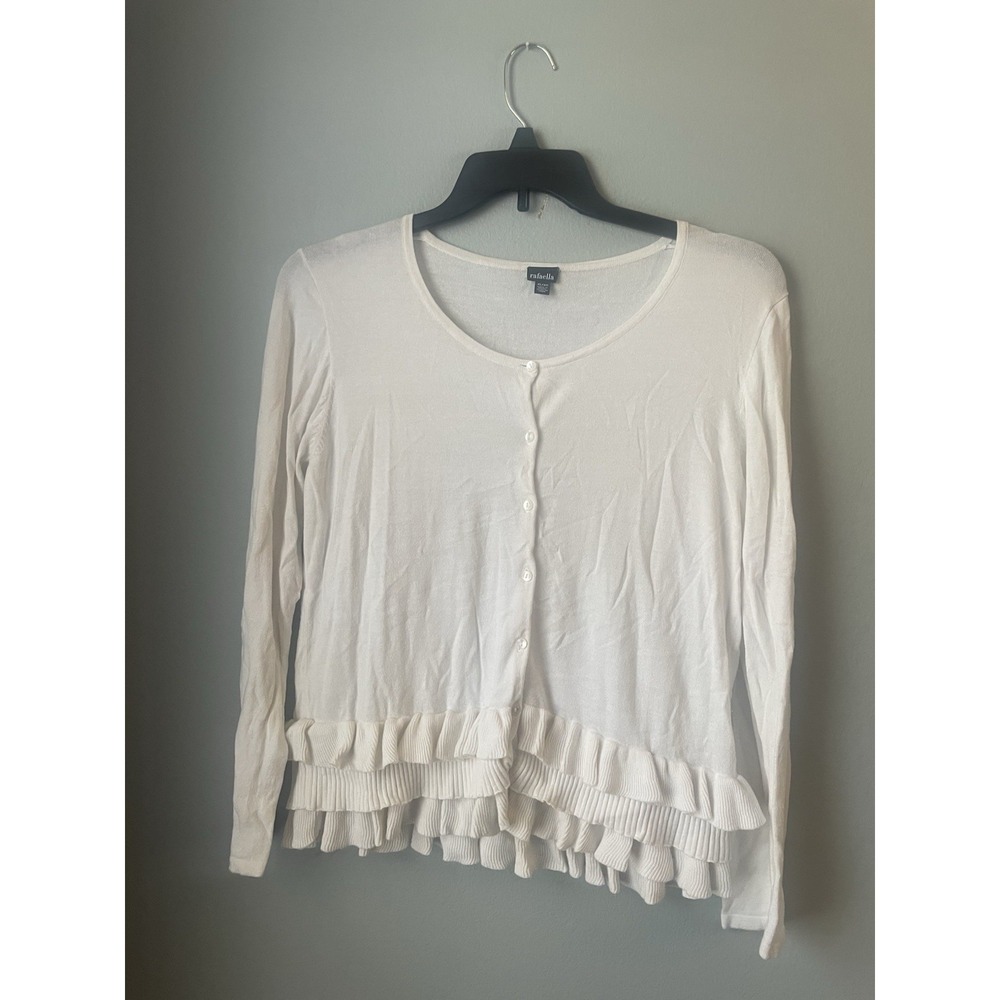 Rafaella Womens Button‎ Up Cardigan Sweater Ruffles Ivory XL